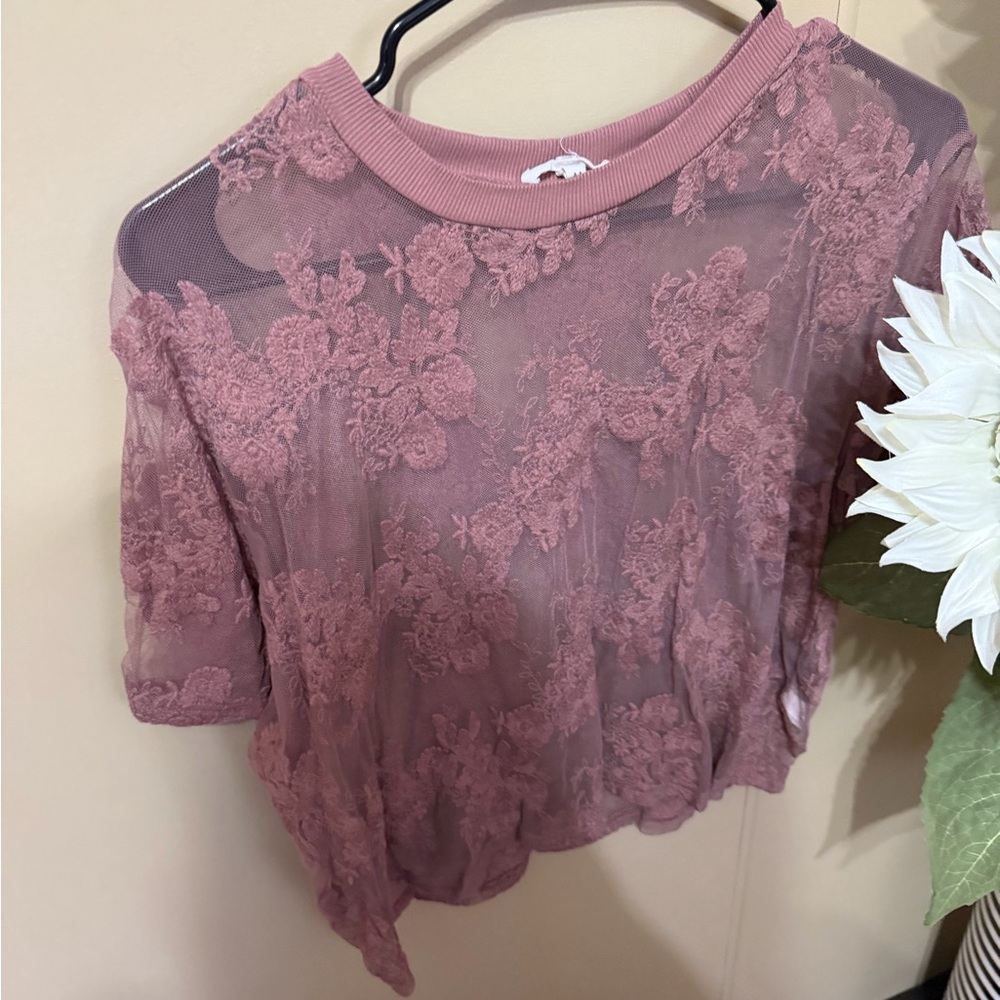 Maurices Sheer Floral Lace Short Sleeve Top - Dusty Mauve